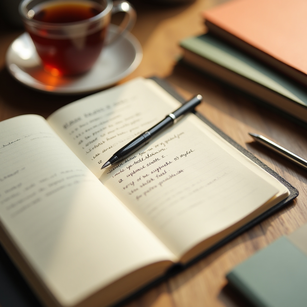 Arbeitsplatz mit Notizbuch und Stift zur Planung der nächsten Schritte