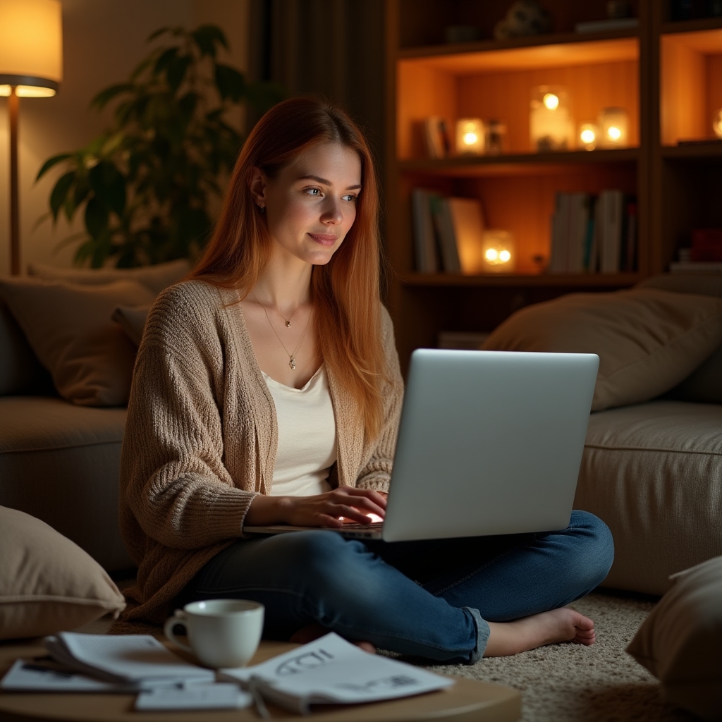 Frau plant am Laptop zu Hause ihre Finanzen neu nach einem Umbruch